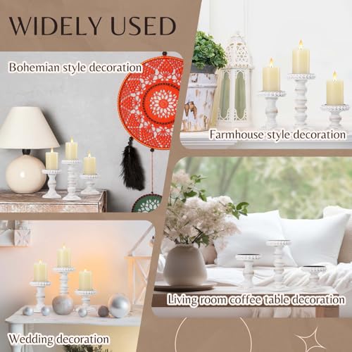 Mumufy 3 Pcs Candle Holders for Pillar Candles Rustic Farmhouse Home Decor Decorative Washed Beaded White Black Wood Candle Holder Country Style for Table Mantel Fireplace Wedding (White,Small) - color: White, size: Small