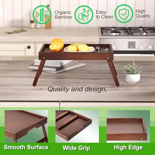 Fibogollo 2 Pack Bamboo Bed Tray Table with Folding Legs,Breakfast Trays,Serving Tray for Food and Snack,Laptop Trays for Working(Brown) - color: Brown, size: 2 PC