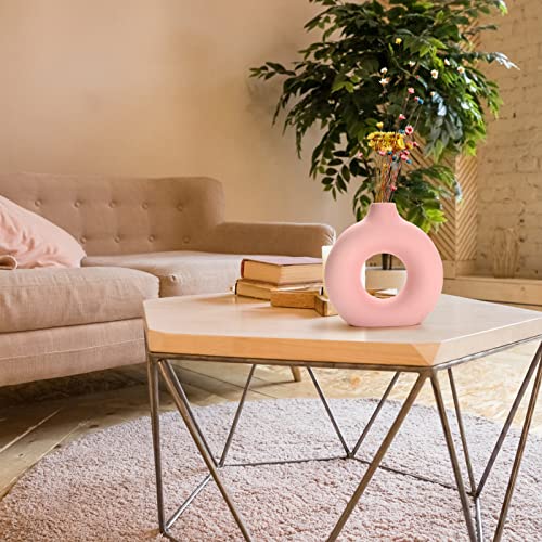 Donut Vase|Circle Hollow Vase|Modern Matte Ceramic Vase for Entryway Living Room Bedroom Dining Table Centerpiece Office Home Decor (Pink-7.5")