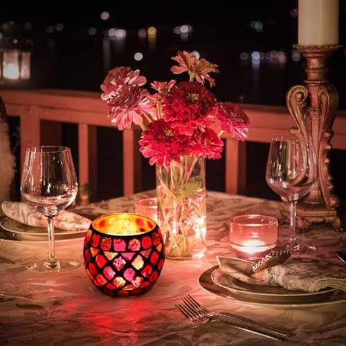 Ipetboom Glass Votive Candle Holder - Christmas Candle Holders Red Mosaic Tealight Candlestick Xmas Dining Table Centerpieces for Home Wedding Decorations Romantic Decor Party Ornament - 3.34x2.75in