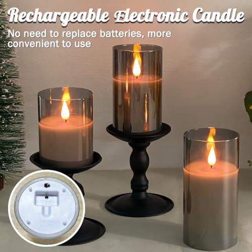 Rechargeable Flameless Candle, Flashing LED Pillar Real Wax Candle with Remote Control and Timer, Upgraded Teardrop Wick, Gray Electronic Candle, 1 Set of 3 - color: Grey Glass-Droplet