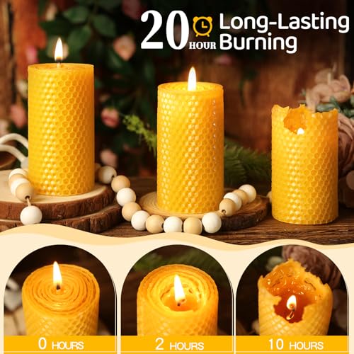 3 Pack Natural Beeswax Pillar Candles,Handmade Pure Beeswax Rolled Candle-60 Hours Long Burning,Honeycomb Bees Wax Candles for Home, Prayer,Dripless Smokeless Unscented Pillar Candle 2x4in - color: 2x4in, size: 3pcs