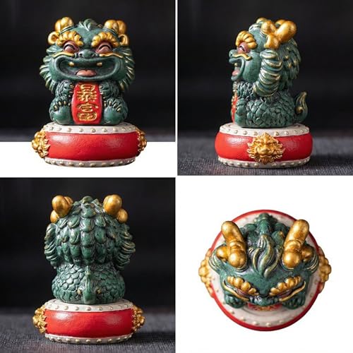 Natural Himalayan Granite Guardian Lion Figurine, Chinese Feng Shui Wealth-Attracting Ornamental Animal Sculpture, Green Good Luck Decorative Statues with Red Base for Home Tabletop Decor, Set of 1