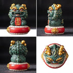 Natural Himalayan Granite Guardian Lion Figurine, Chinese Feng Shui Wealth-Attracting Ornamental Animal Sculpture, Green Good Luck Decorative Statues with Red Base for Home Tabletop Decor, Set of 1