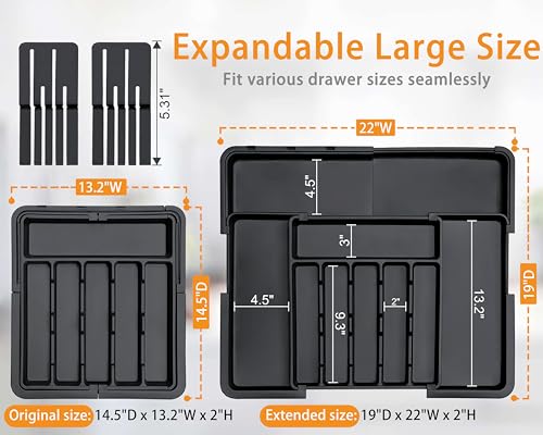 Homecor Silverware Organizer - Expandable Large Kitchen Drawer Organizer Utensil Organizer with 2 Removable Knife Blocks, 22"x 19"Cutlery Tray Drawer Dividers for Kitchen Flatware(6-9 Slots) (Black) - color: Black
