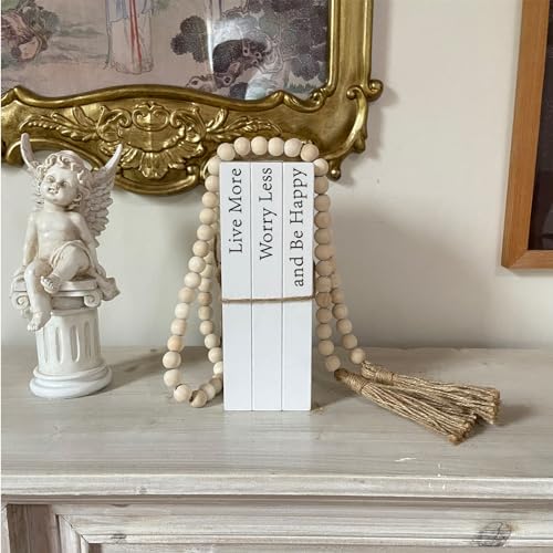 Decorative Books for Home Decor, White Faux Books for Decoration, Rustic Farmhouse Stacked Display Books with 52in Wood Bead Garland for Coffee Tables Living Room, (Happy) - style: Happy