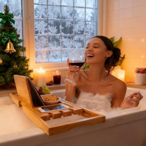 Utoplike Bamboo Bathtub Caddy Tray Bath Tray for Tub, Adjustable Bathroom Bathtub Organizer with Book Tablet Wine Glass Cup Towel Holder (24.5"-37.4") - color: 24.5-37.4 in