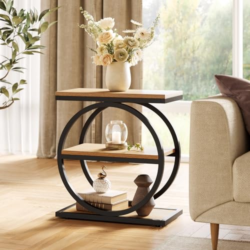 LITTLE TREE 3-Tier End Table, Side Table with Storage Shelves, Small Sofa Side Table for Living Room, Wooden Side End Table with Double Round Metal Legs, Slim Nightstand and Bedside Table, Oak - color: Oak