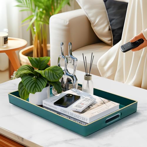 MAONAME Teal Serving Tray with Handles, Modern Decorative Tray for Coffee Table, Plastic Rectangular Trays for Ottoman, Bathroom, Decor, 15.8” x 10.2” x 1.4" - color: Teal, size: 15.8" x 10.2" x 1.4"
