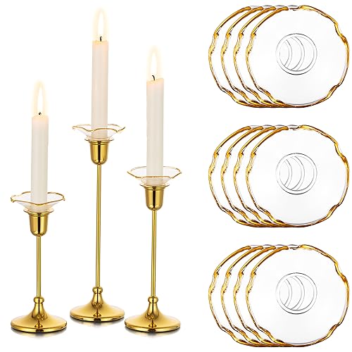 Glasseam Glass Candlestick Bobeches, Set of 12 Gold Rim Drip Protectors, Unique Wax Drip Catchers for Candle Sticks Holder Decor, Small Tapered Candle Rings for Table Decor - color: Gold Rim, size: Curved-12pcs