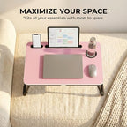 BUYIFY Foldable Laptop Bed Desk for Couch, Sofa - Large Lap Desk Tray Table with Cup Holder and Tablet Slot - Portable Notebook Stand for Eating, Writing, Studying and WFH (Pink) - color: Pink