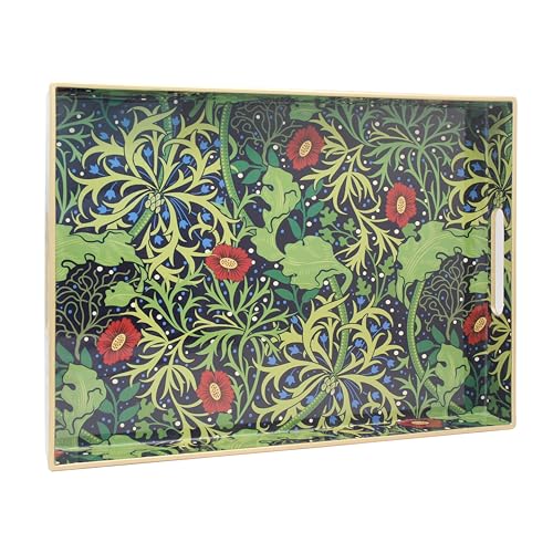 15.8" x 11.8" Navy Green Plastic Serving Tray with Handles, Seaweed & Poppy Botanical Floral Pattern with Red & Blue Accents and Gold Trim, for Ottoman, Coffee Table, Vanity - color: Seaweed & Poppy Botanical