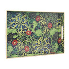 15.8" x 11.8" Navy Green Plastic Serving Tray with Handles, Seaweed & Poppy Botanical Floral Pattern with Red & Blue Accents and Gold Trim, for Ottoman, Coffee Table, Vanity - color: Seaweed & Poppy Botanical
