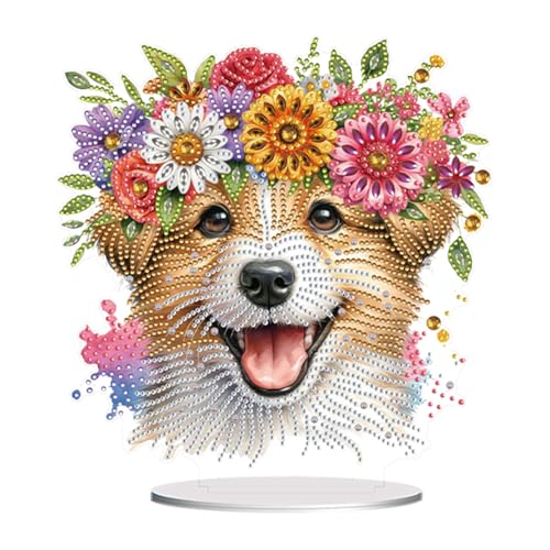 5D Tabletop Diamond Art Kit Flower Puppy, Stand Up Special Shaped Crystal Diamond Art Tabletop Kit for Adults, DIY Desktop Gem Painting Craft Desk Kit, Double Sided, Box Package (Pink) - color: Flower Puppy (Pink)