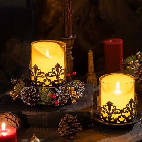 Vintage Gothic Glass Hurricane Candle Holders, Black Metal Base with Gold Accents, Clear Glass Sleeve, 4.3x4 Inch, Set of 2, for Pillar Candles - size: Height 4 inches - 2 Pieces