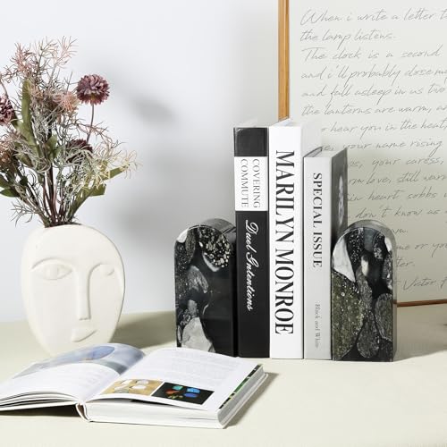 Koville Luxury Marble Bookends for Shelves, Decorative Stone Book Ends, 7lbs Heavy-Duty Marble Book Holders, Bookshelf Apartment Decor for Normal Books/CD/Video Games - color: Black Gold Marinace, size: 7lb