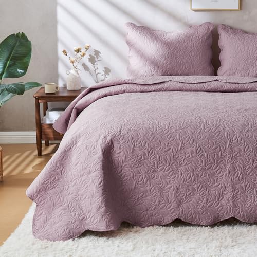 JYHOPE Grayish Purple Twin Quilt Set 68x90 Lightweight Microfabric Bedspread, 3-Piece Quilt Bedding with Pillow Shams, Summer Cooling Quilts, Ribbon Wrapped Gift - color: Leaf Pattern-grayish Purple, size: Twin(68x90)