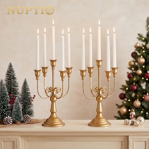 NUPTIO Candlestick Holders for Taper Candles: Gold Vintage Candelabra Bulk for Candle Sticks - 5 Arm Brass Candleholders Set of 6 for Party Fireplace Table Centerpiece - color: 5-arms Gold, size: 6 Pcs