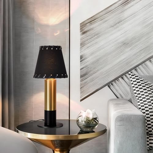 Black and Gold Table Lamp, small table lamp for bedroom, Modern Mini Nightstand Lamp with Fabric Shade, Cute Desk Lamp for Small Spaces for Kitchen Counter, Bookshelf, Living Room, Kids Dorm