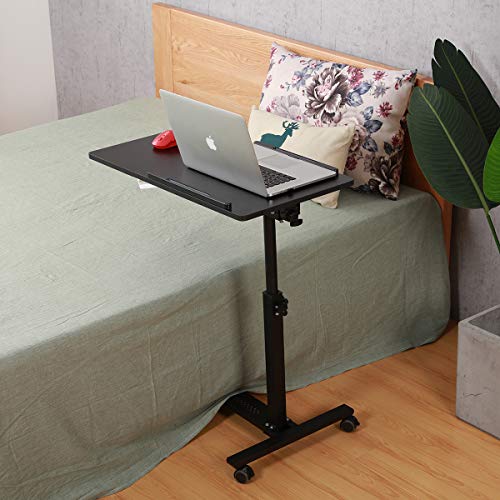 TigerDad Over Bed Table with Wheels Adjustable | Rolling Laptop Table Overbed Desk Hospital Tray Table Sofa Chair Side Table (Black) - color: Black