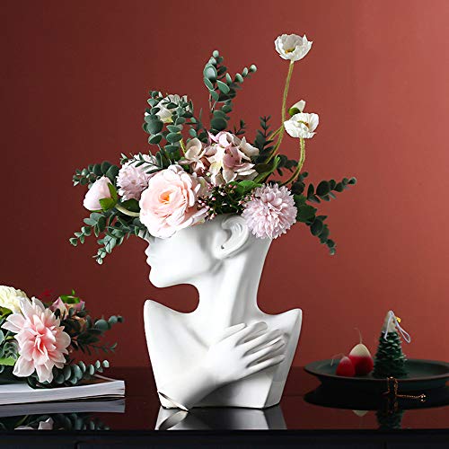 Ceramics Statue Flower Vase Face Pots Bust Head Shaped for Birthday Gifts Home Office Decoration (White) - color: White