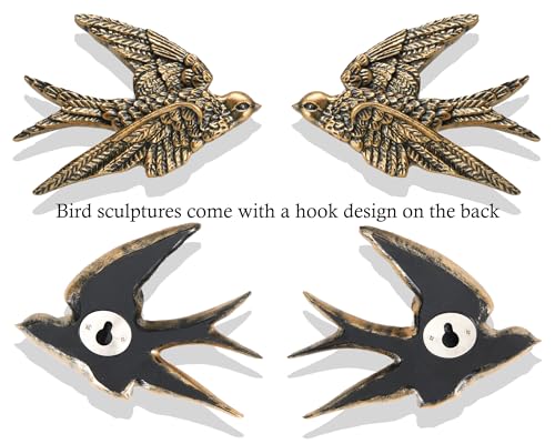 AMOIENSIS Bird Wall Sculpture Art, (Set of 2) 4¾ inch Resin Antique Gold Bird 3D Sculpted Floating Hanging Wall Sculpture Decoration - color: Antique Gold