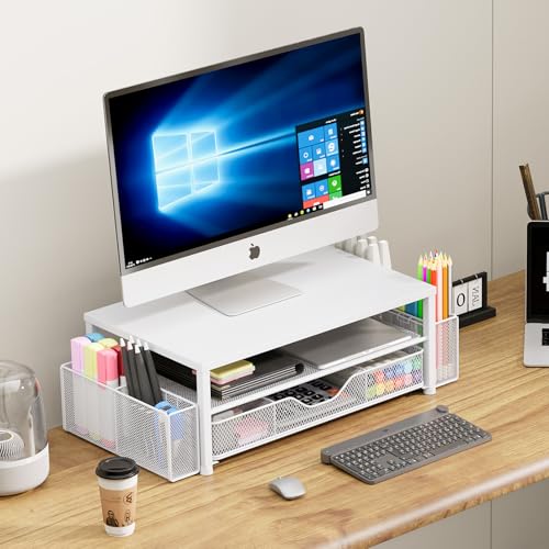 OPNICE Desk Organizers and Accessories, 2-Tier Computer Monitor Stand Riser with Drawer and 2 Pen Holders, Laptop Stand, Office Desk Accessories for Office Supplies, White - color: White 1-Pack