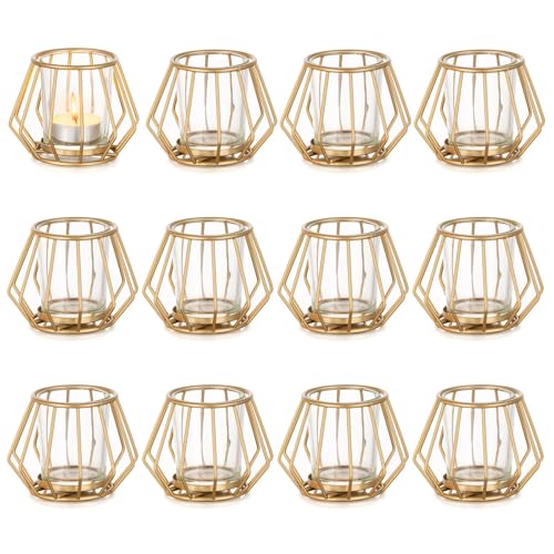 Geometric Tea Light Candle Holders - Wedding Centerpiece for Tables Morden Metal Votive Tealight Candles Stand with Glasses Coffee Home Room Decor Wedding Party Birthday Decoration, Gold 12 pcs