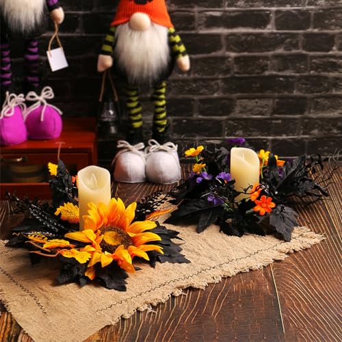 Halloween Candle Rings Wreath Fall Candle Rings Artificial Leaves Wreaths for Halloween Party Decorations 2 Pack Rose Skull Black Wreaths for Home Art Decor