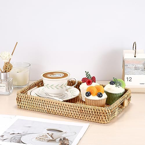 Hipiwe Rattan Serving Tray Hand Woven Tray with Handles Rattan Rectangular Basket Trays for Storage Breakfast Dessert Fruit Decorative Trays for Coffee Table, 11.8x7.9x1.8inch - color: Natural Color, size: 11.8" x 7.8" x 1.9"