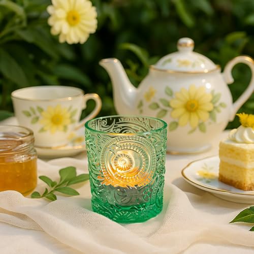 6 Pack Sun Moon Star Embossed Glass Tea Light Candle Holders - Votive Candle Holders for Wedding, Party, Home Decor, and Table Centerpieces (Apple Green) - color: Apple Green