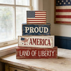 4Pcs 4th of July Decorations Red White and Blue Wood Blocks Patriotic Tiered Tray Decor Farmhouse Style Table Centerpiece for Office Memorial Day Shelf 250th Anniversar - style: Americana