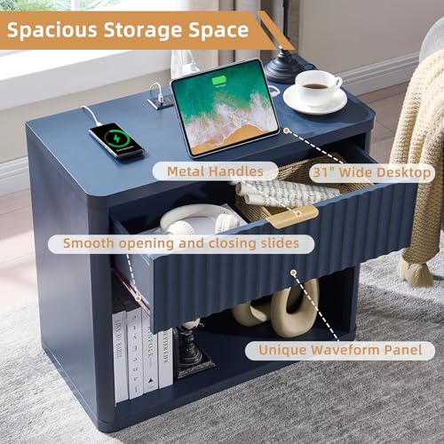 LEYAOYAO 31" Wide Fluted Nightstand with Charging Station, Oversized Extra Large 1 Drawer Night Stand with Golden Handle, Blue Wood Bedside Table Tall End Tables,for Bedroom, Living Room, Hallway - color: Blue, size: 1 Drawers