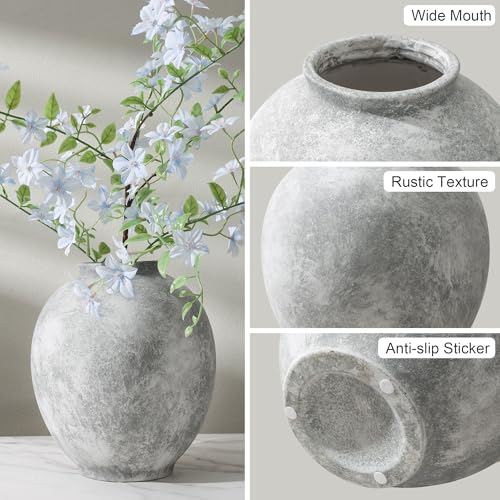 Starttag Large Ceramic Vase, 9.8 inch Rustic Farmhouse Flowers Vase for Home Decor, Sandstone Texture Round Pottery Tall Vase Indoor for Table Living Room Decor, Grey - color: Gray
