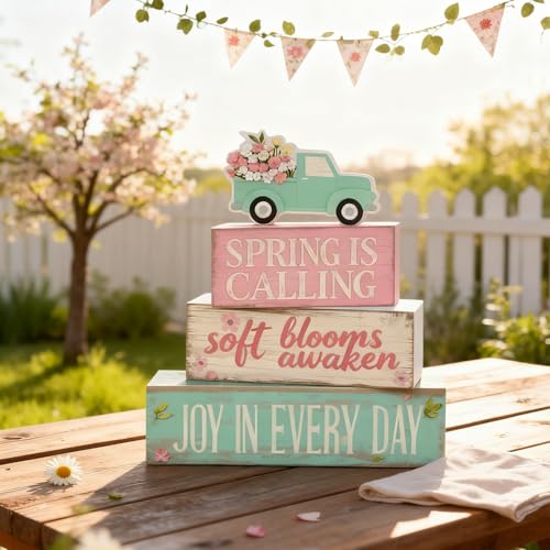 Spring Decoration Wooden Tiered Tray Decor – Floral Spring Pickup Truck Stacked Block Sign with Blooming Flower Topper – Farmhouse Tabletop Spring Decor for Shelf Mantel Seasonal Home Display - style: Spring Truck