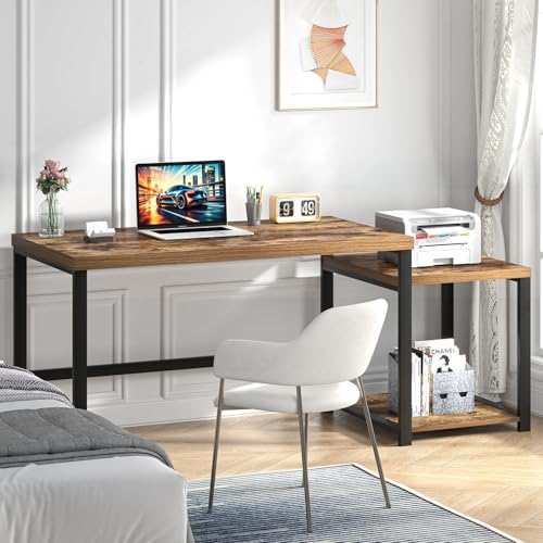 FOLUBAN Large Computer Desk for Home Office with Printer Space, Wood Study Gaming Workstation Table with Storage Shelves, Long Writing Desk for Bedroom Living Room, Rustic Brown, 63 Inch - color: Brown