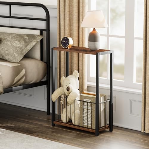 Homleke Narrow Side Table with Magazine Holder, Skinny End Table Perfect for Small Spaces, Space-Saving Design for Living Room, Bedroom, or Office, 7.1" D x 16.9" W x 23.6" H, Rustic Brown - color: Rustic Brown - Standard