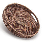 Round Rattan Woven Serving Tray with Handles Ottoman Tray for Breakfast, Drinks, Snack for Coffee Table, Home Decorative (11"x1.6", Honey Brown) - size: 11"