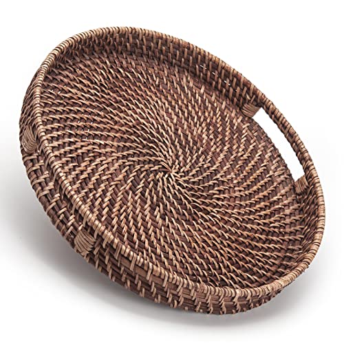 Round Rattan Woven Serving Tray with Handles Ottoman Tray for Breakfast, Drinks, Snack for Coffee Table, Home Decorative (11"x1.6", Honey Brown) - size: 11"