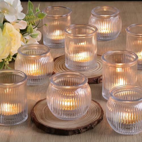 NITIME 12pcs Assorted Votive Candle Holders for Wedding Decor, Clear Ribbed Tea Lights Candle Holder, Glass Candle Holder for Table Centerpiece, Party and Holiday Decorations - color: Clear