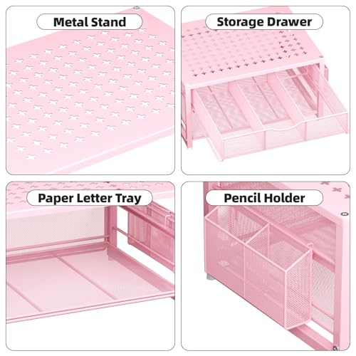 Marbrasse Metal Printer Stand for Desk with Storage Drawer and 2 Pen Holders, 2-Tier Desktop Organizer Printer Table for Home Office, Multi-Purpose Desk Organizer for Fax Machine Scanner Files(Pink) - color: Pink
