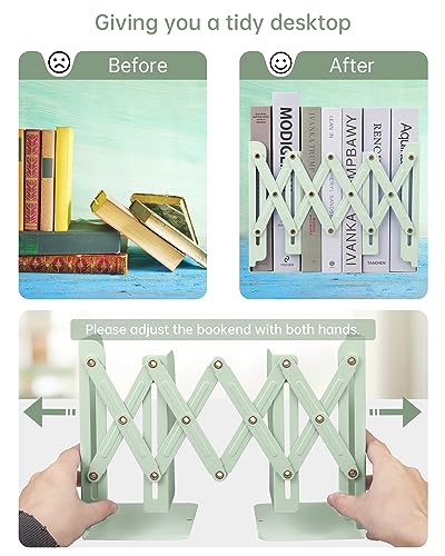Honagu Adjustable Bookends, Metal Book Ends for Shelves Heavy Book, Desk Magazine File Organizer for Home, Office, Books, Papers, Extends up to 19 inches (Macaron Green) - color: Macaron Green
