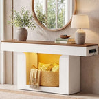 Homieasy Console Table, 63" Entryway Table with LED Lights & Charging Station, Farmhouse Wooden Sofa Table Behind Couch, Narrow Hallway Table for Living Room, Foyer, Entry, Antique White & Brown - color: Antique White & Brown, size: 63"