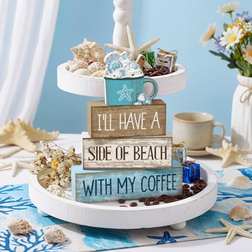 Lineshading 4 Pcs Summer Table Decorations Beach Coffee Bar Wooden Block Sign Blue Rustic Coastal Tiered Tray Decor with Coffee Cup Summer Centerpieces Decor for Beach Nautical Party Office Home - style: Beach