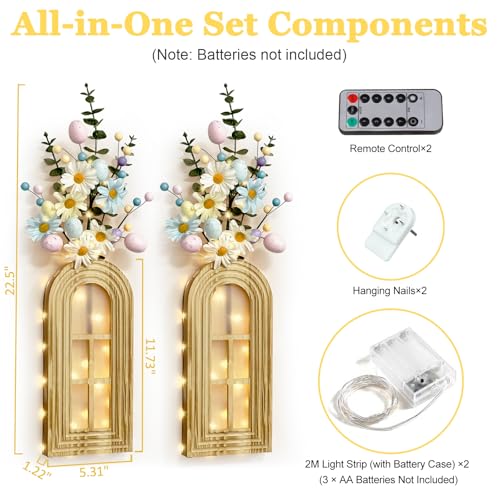 HOMECOR Easter Wall Decor Set of 2 - Boho & Modern Farmhouse Hanging Wooden Vase with Fairy Lights & Artificial Plants, Spring Wall Art for Living Room, Bedroom, Bathroom, Mothers Day Home Decor Gift - style: Flower - Easter Wall Decor
