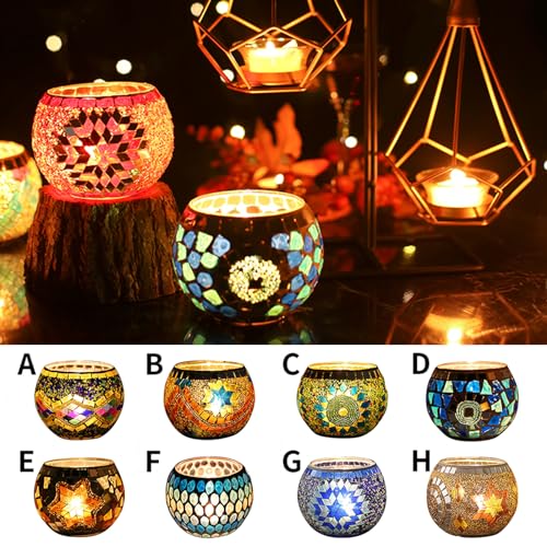 Mosaic Glass Tea Light Holders Romantic Stained Votive Candle Holder, MIATTCLD Round Handmade Tealight Candle Holder for Table Centerpieces, Christmas, Valentine, Birthday Party, Home Decor (H)
