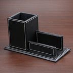 KINGFOM PU Leather Desk Organizer and Accessories, Pencil Holder for Desk with Business Cards Stand, School Office Supplies Collection Caddy Black - color: Black-M