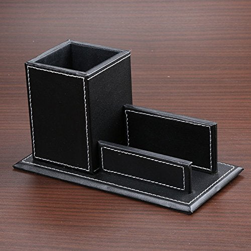 KINGFOM PU Leather Desk Organizer and Accessories, Pencil Holder for Desk with Business Cards Stand, School Office Supplies Collection Caddy Black - color: Black-M