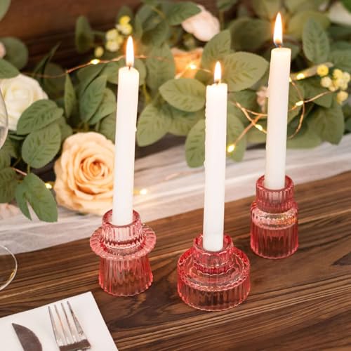 Efavormart Set of 6 Pink Ribbed Crystal Glass 3" Taper Candle Holders, Reversible Mini Votive Tealight Candle Stands - color: Type4