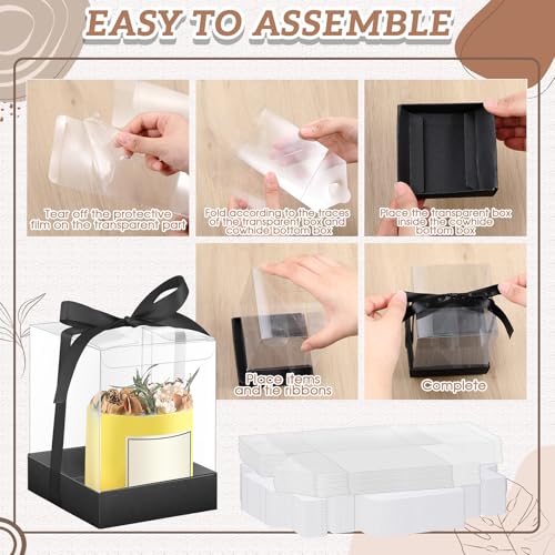 Cunno 36 Set 3.5 x 3.5 x 4.3 in Candle Gift Package Valentine's Transparent Box 4-18 oz Handmade Tealight Candle Holder Paper Bottom Ribbon for Wedding Baby Shower Party Mug(Black) - color: Black
